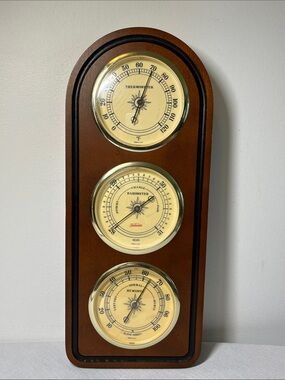 Vintage SUNBEAM Vertical WEATHER STATION Thermometer Barometer Hygrometer WOOD